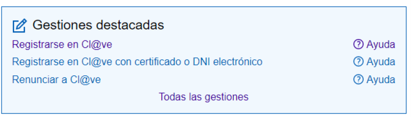 Captura de las gestiones destacadas para registrarse con cl@ve