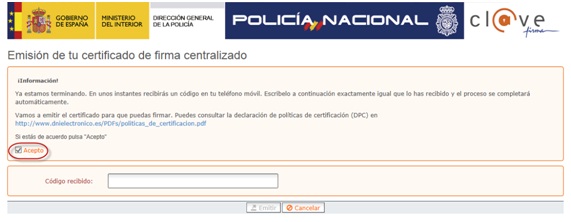 Emisión de tu certificado de firma centralizado aceptar