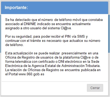 Error: El número de teléfono está asociado a otro DNI del sistema Cl@ve